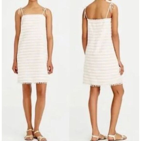 J.Crew Dresses & Skirts - J.Crew beige striped Pom trim linen tie shoulder dress size xs
